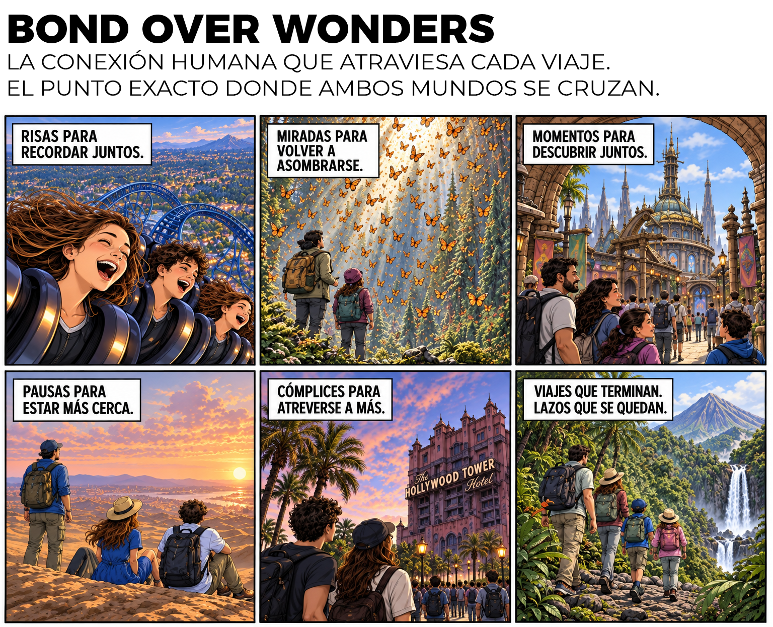Mosaico ilustrado de Bond Over Wonders: momentos compartidos entre viajeros, risas, atardeceres y experiencias que conectan