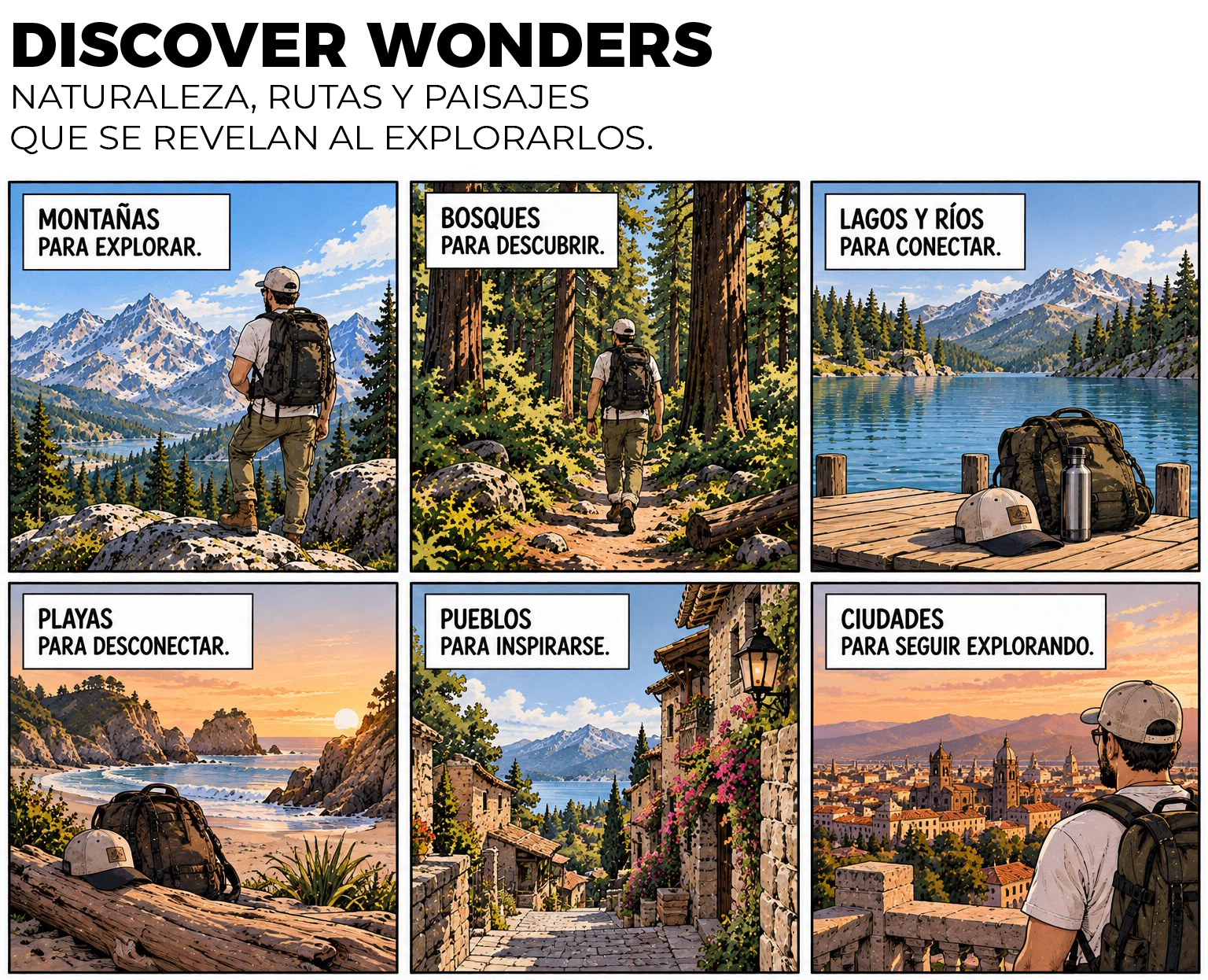 DISCOVER WONDERS Mosaico ilustrado de Discover Wonders: montañas, bosques, lagos, playas y pueblos para explorar en un viaje de naturaleza