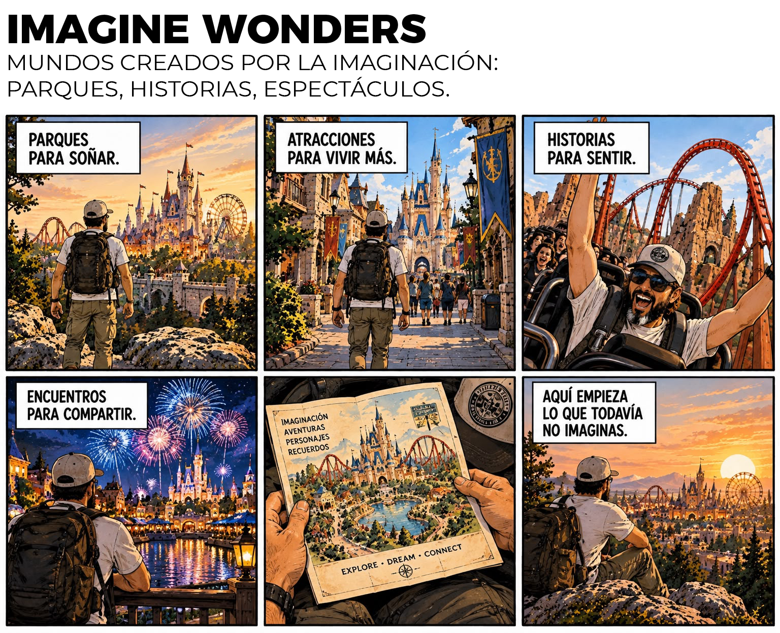 IMAGINE WONDERS Mosaico ilustrado de Imagine Wonders: parques temáticos, atracciones, historias y celebraciones nocturnas en distintos destinos