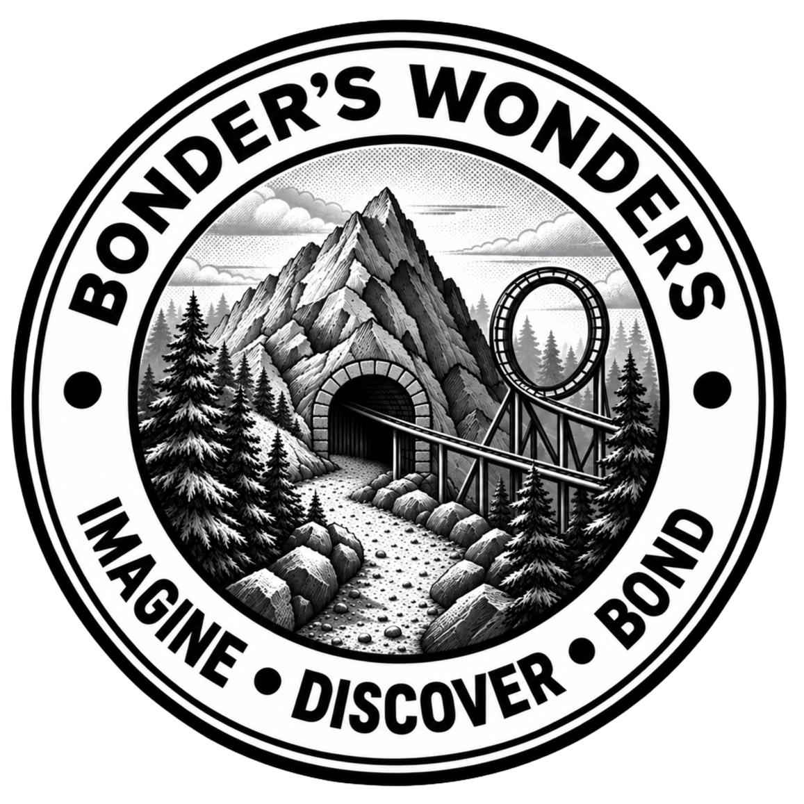 LOGO BONDER`S WONDERS Sello circular de Bonder's Wonders con montaña, túnel y montaña rusa, y el lema Imagine, Discover, Bond