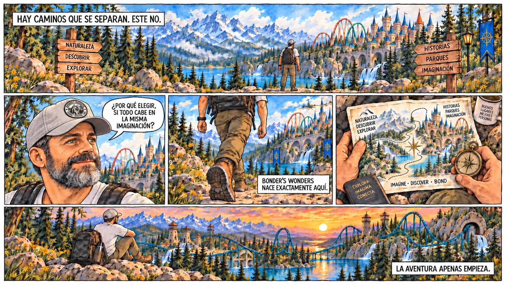 Cómic editorial de un viajero en un cruce de caminos entre una montaña nevada y un parque temático iluminado, ilustración de Bonder's Wonders sobre viajes a la medida entre naturaleza y parques