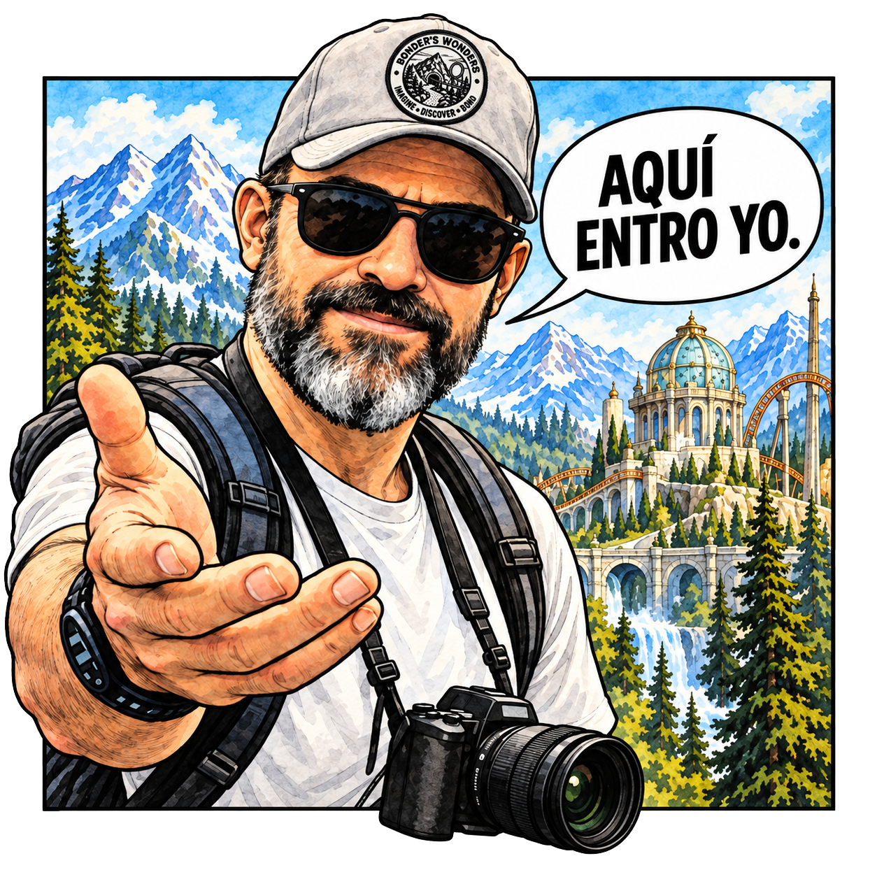 YO, ALAN BONDER Ilustración de Alan Bonder, fundador de Bonder's Wonders, con cámara y mochila frente a un castillo y una montaña, diciendo "Aquí entro yo"