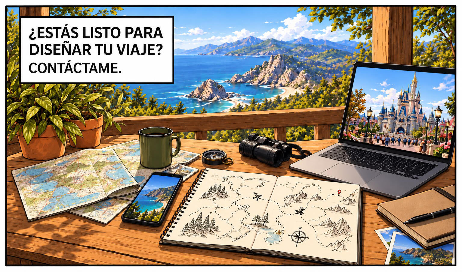 Ilustración de un escritorio de viaje con mapa, binoculares y laptop, con el mensaje "¿Estás listo para diseñar tu viaje? Contáctame"